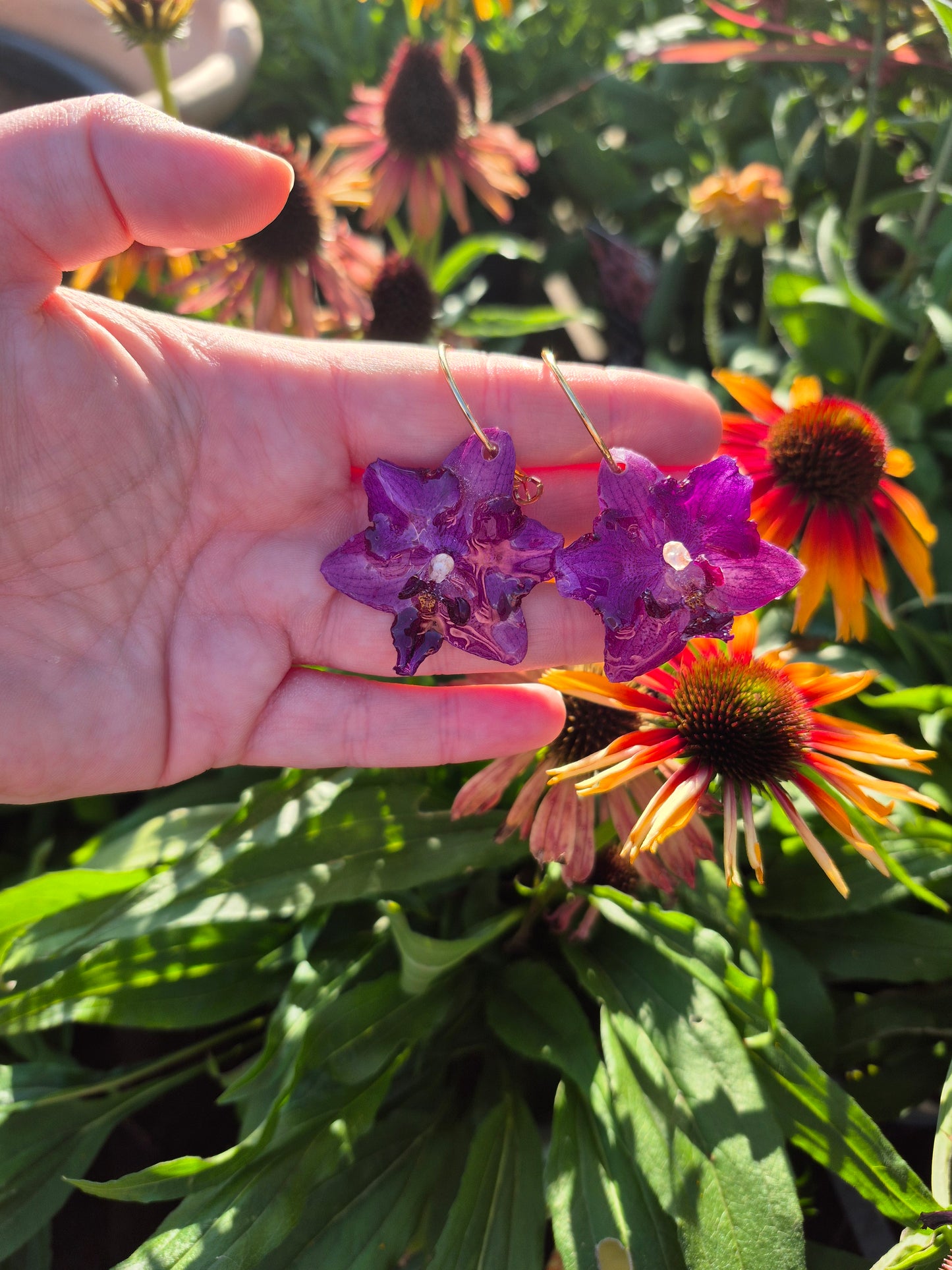 Real peloric purple orchid earrings