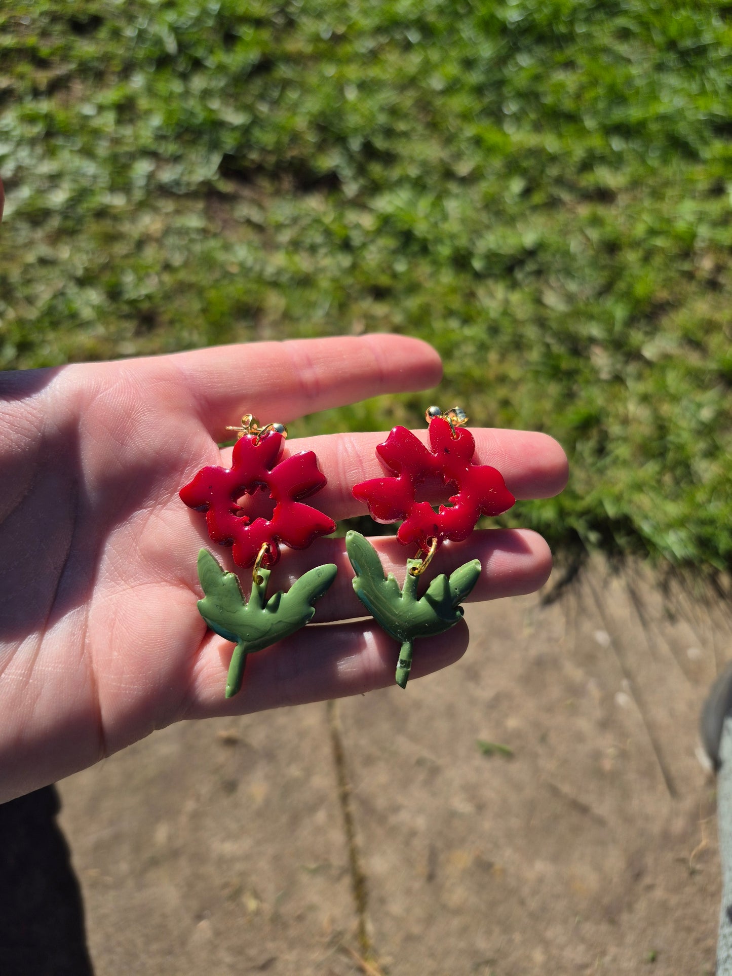 Resin red and green flower dangles