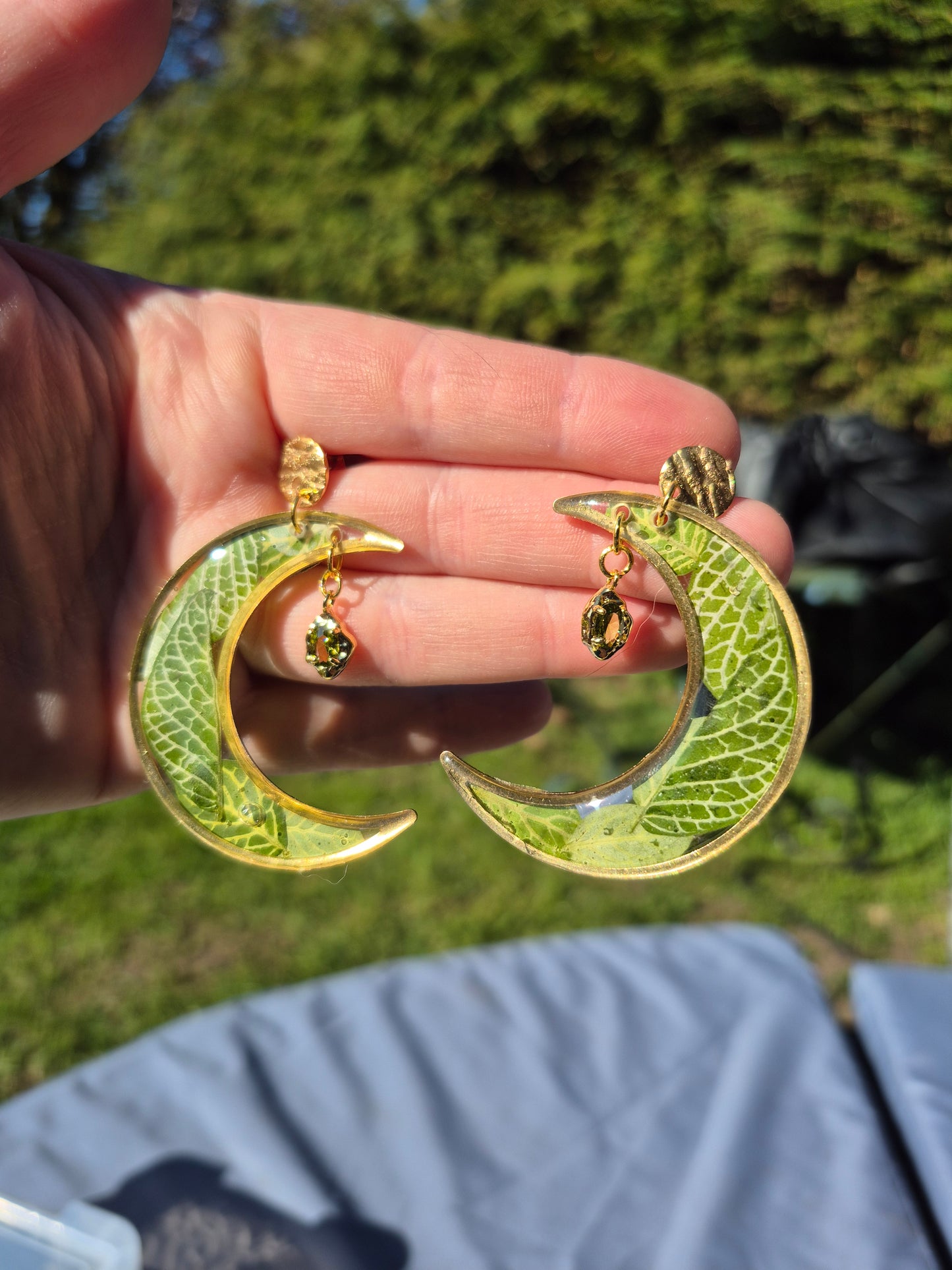 Green leaf crescent moon earrings
