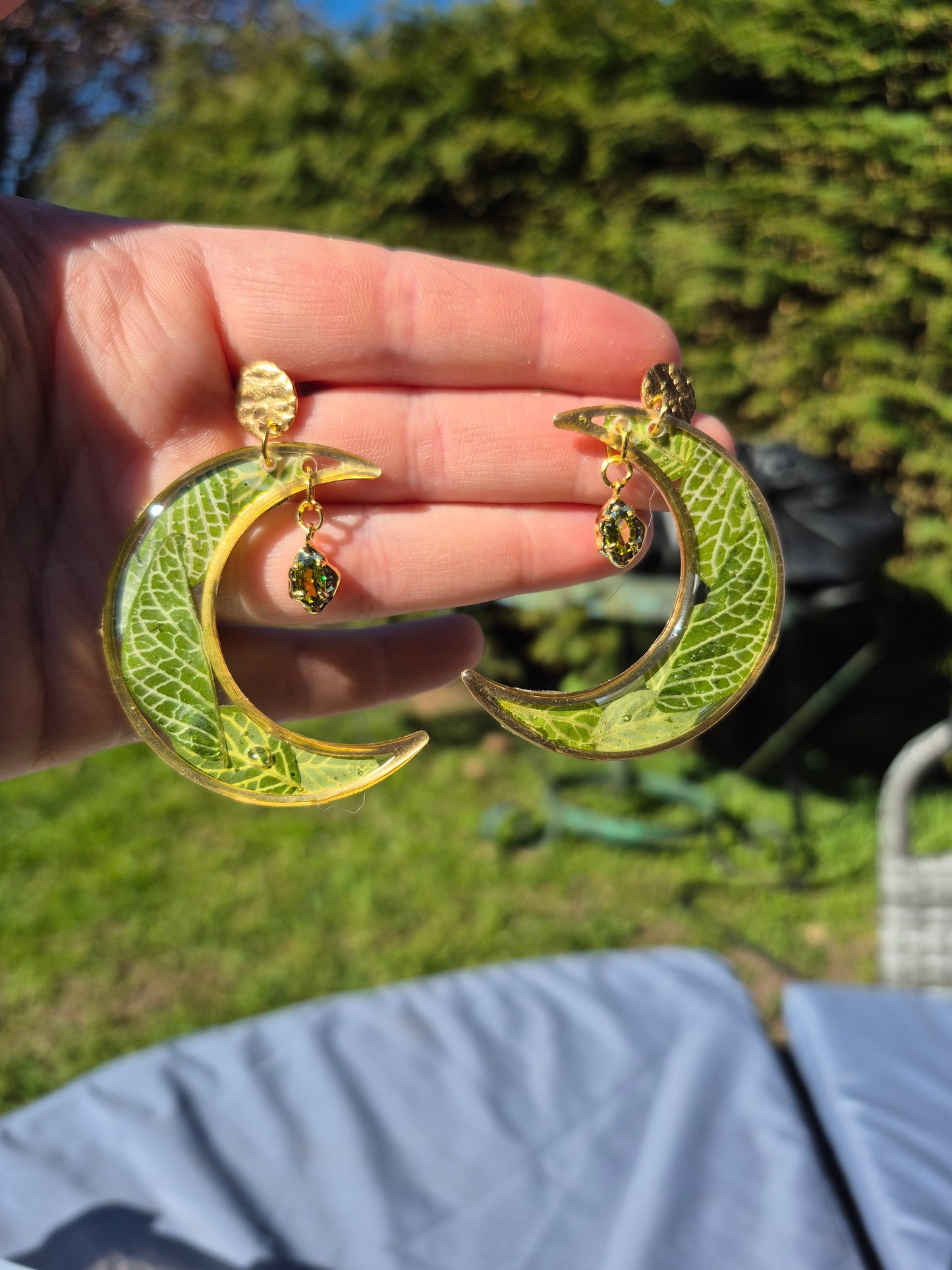 Green leaf crescent moon earrings