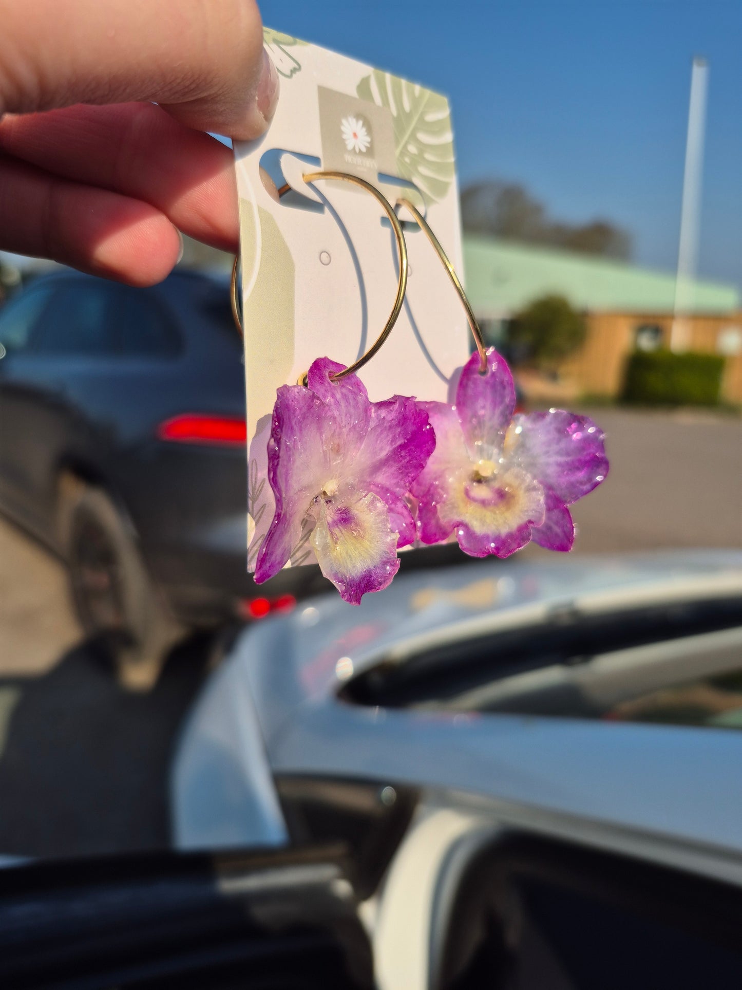 Real dendrobium pink gold hoop earrings