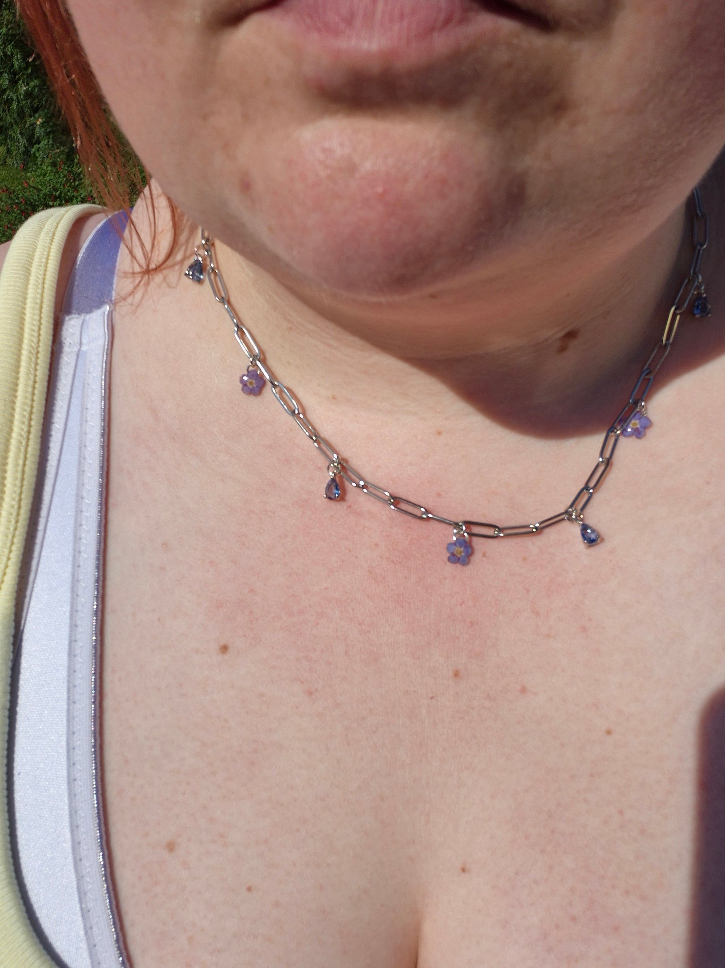 Real forget me not and blue charm necklace