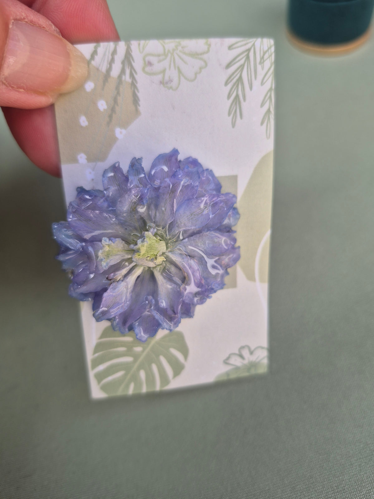 Real delphinium pin badge
