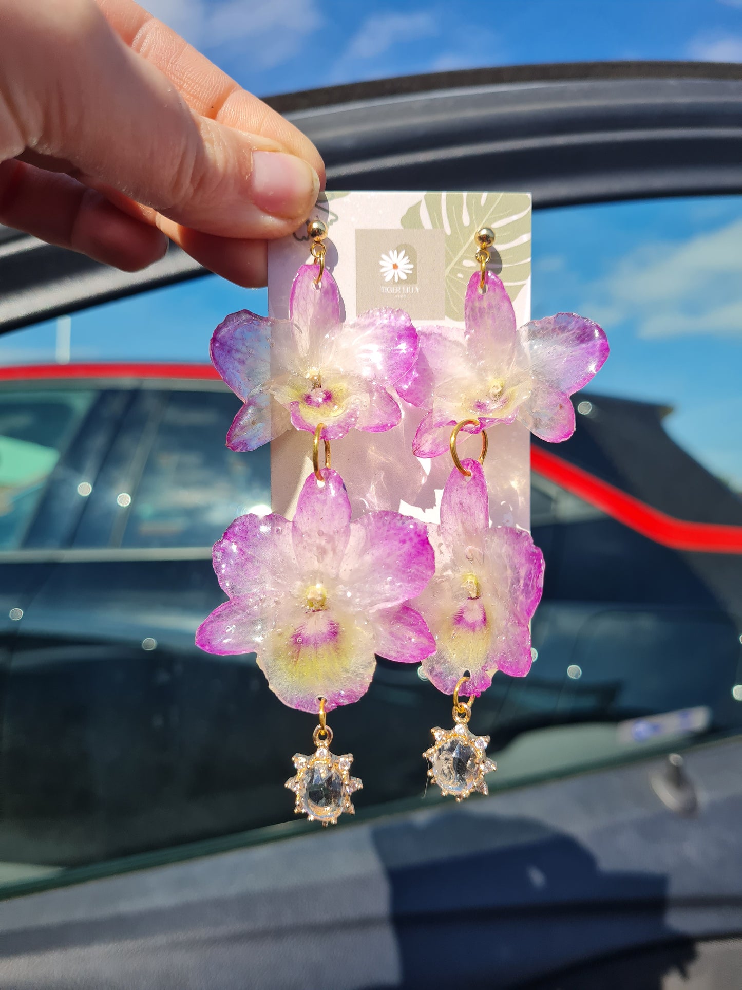 Real dendrobium pink dangle earrings