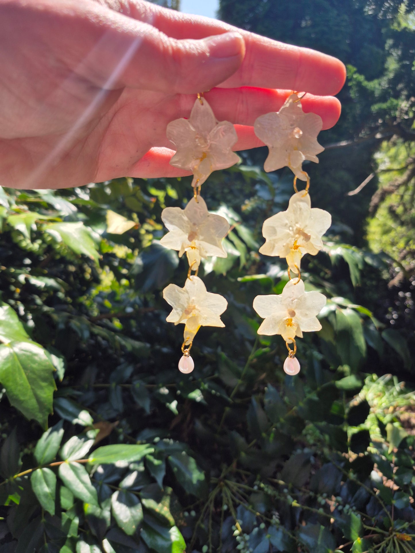 Triple dangle orchid earrings
