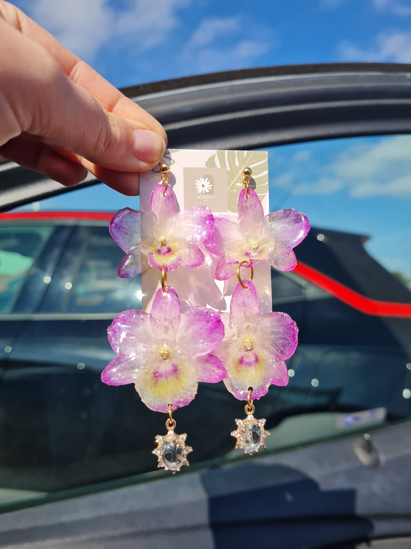 Real dendrobium pink dangle earrings