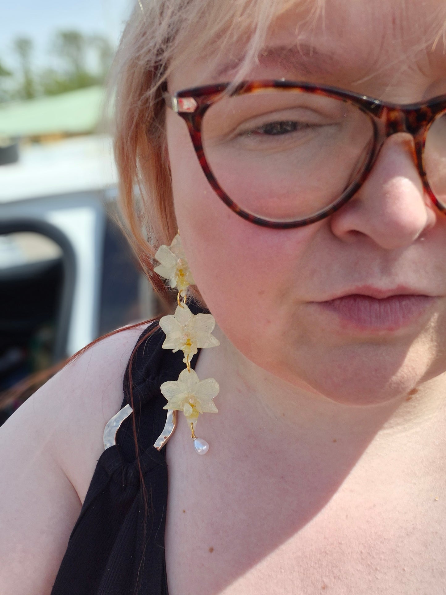 Triple dangle orchid earrings