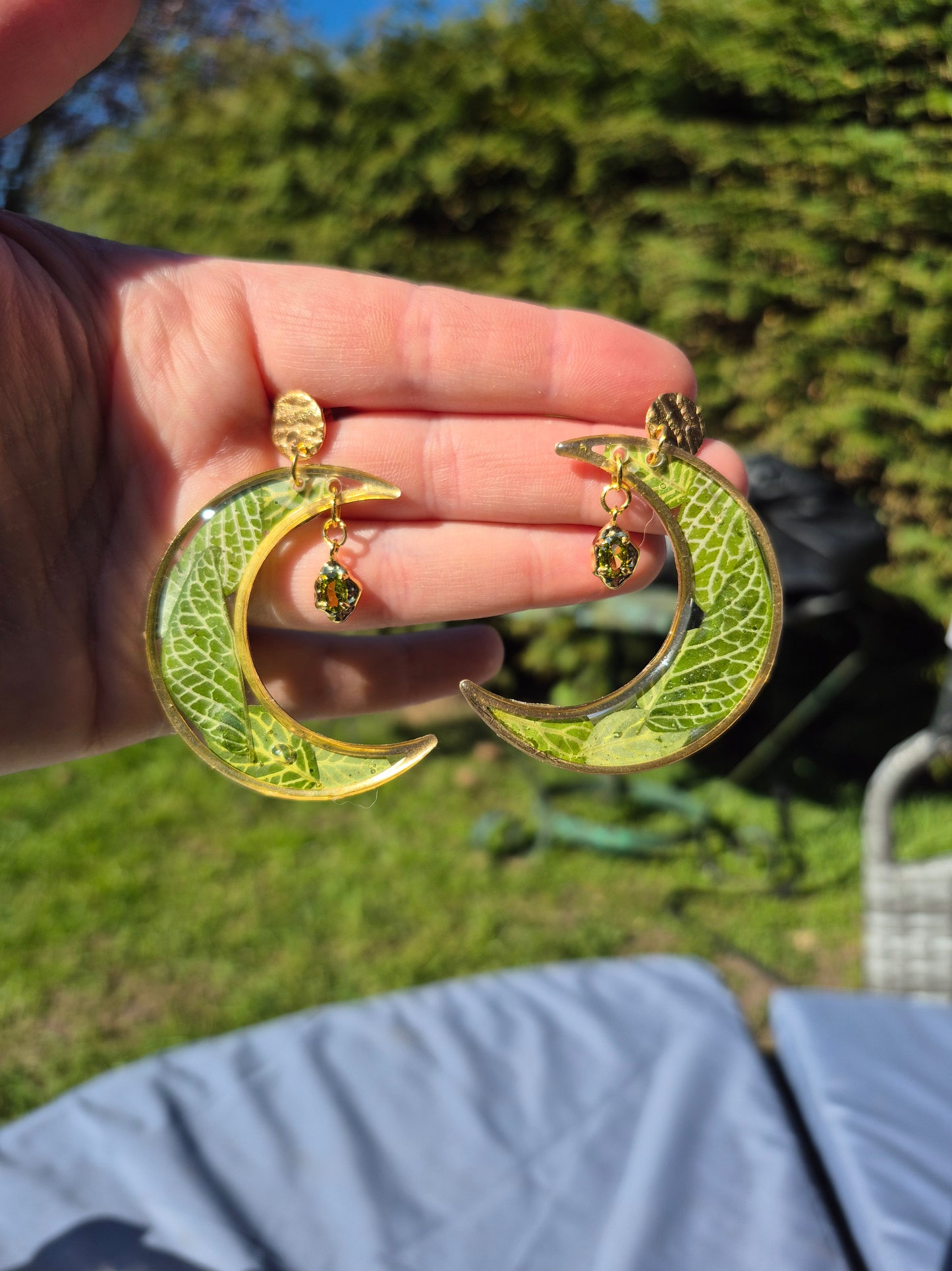 Green leaf crescent moon earrings