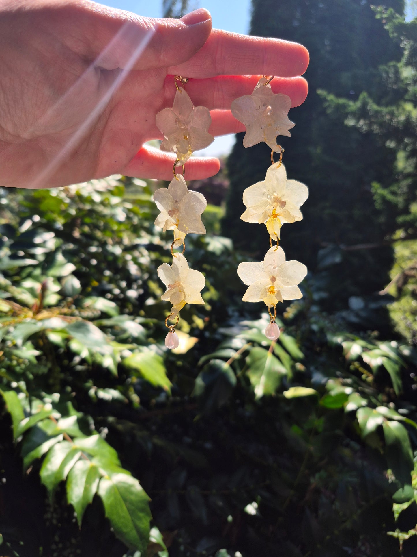Triple dangle orchid earrings