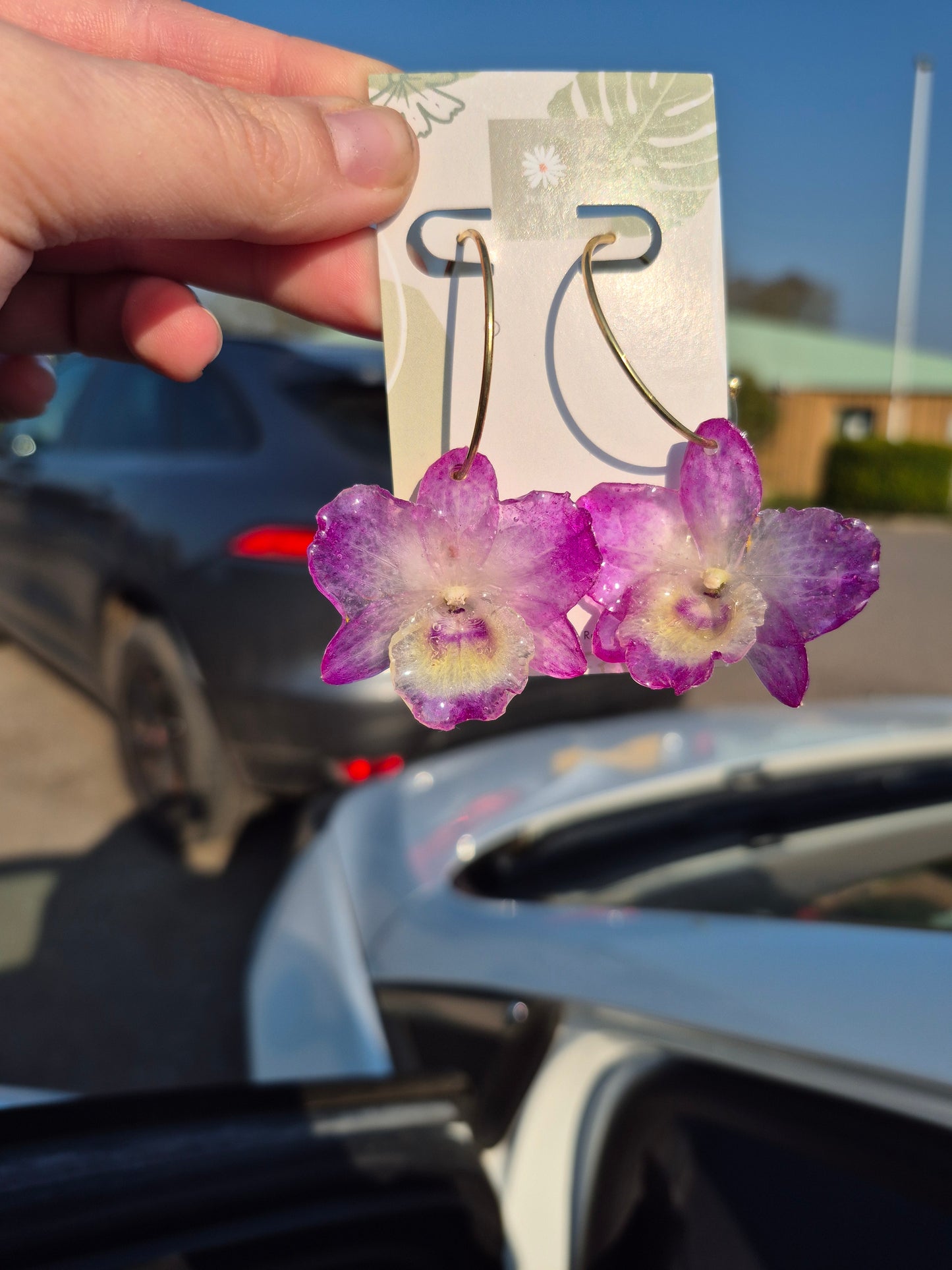 Real dendrobium pink gold hoop earrings