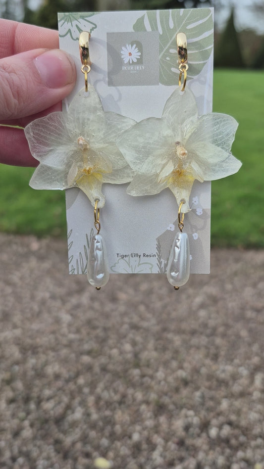 Real phalaenopsis white orchid earrings with pearl
