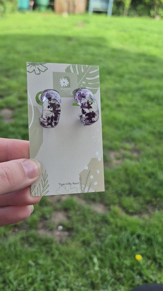 Plum cherry blossom hoop earrings