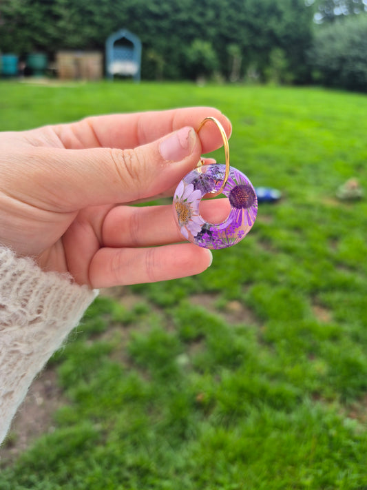 Real purple floral hoop charm