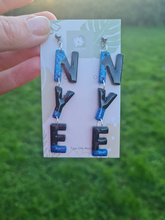 Blue glitter and black new years eve earrings