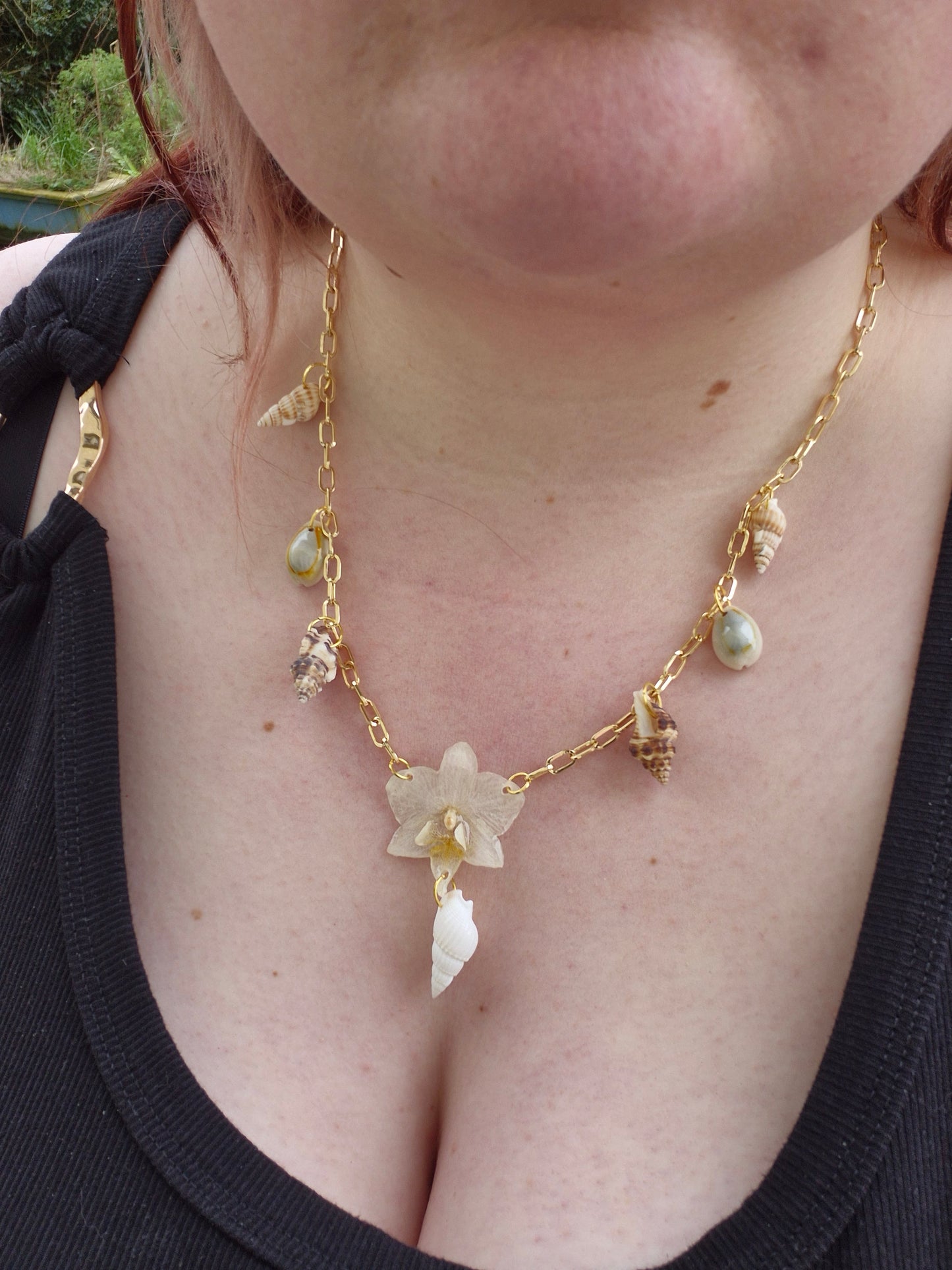 Small phalaenopsis orchid sea shell necklace