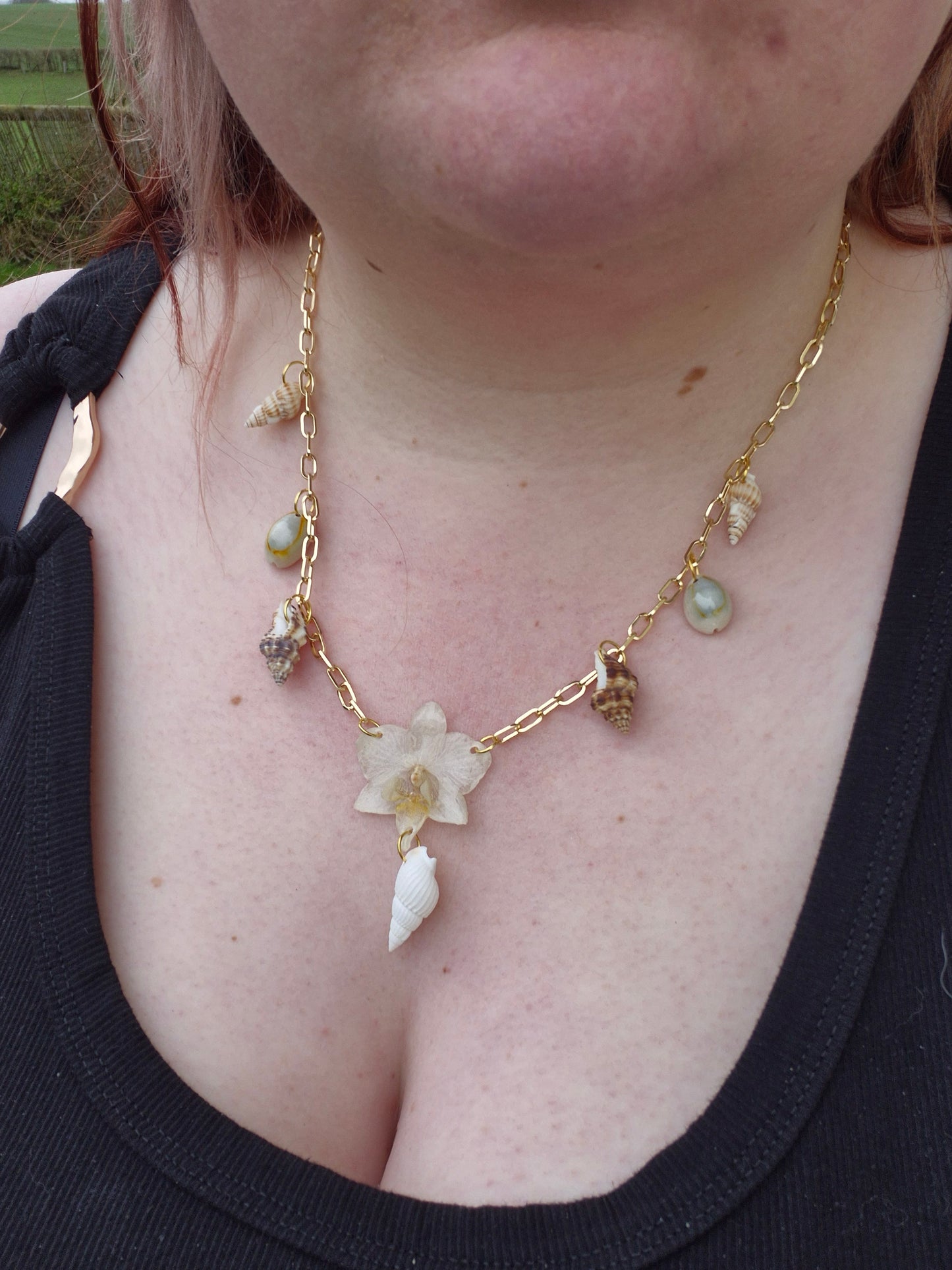 Small phalaenopsis orchid sea shell necklace