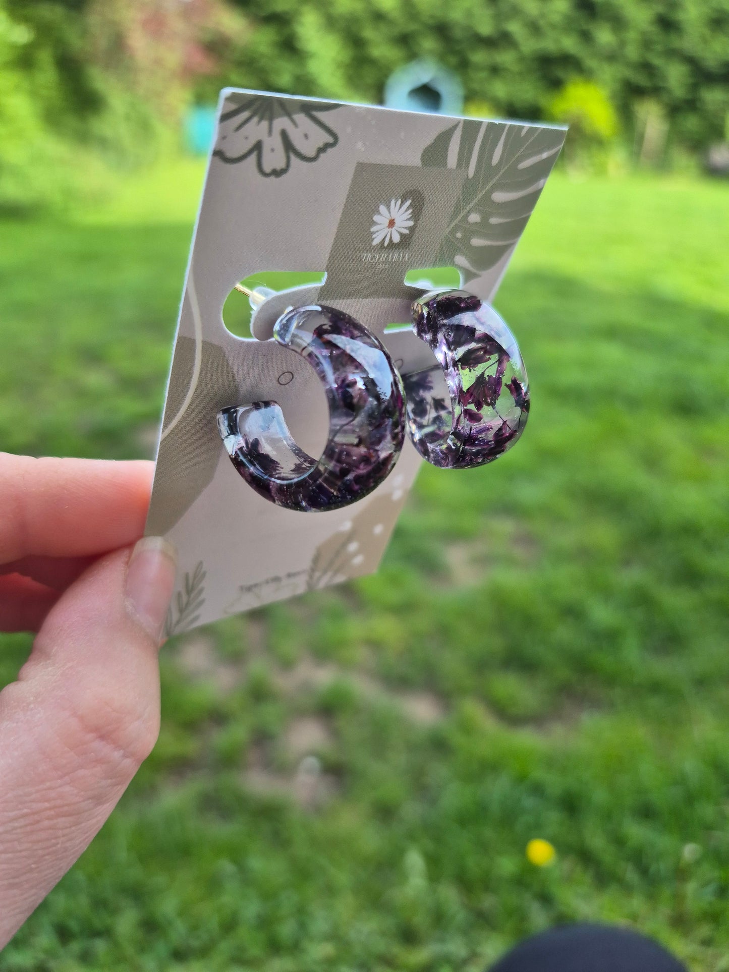 Plum cherry blossom hoop earrings