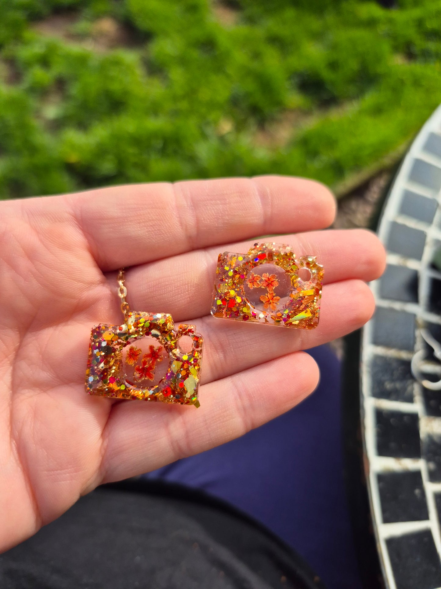 Floral glitter camera hoop charms