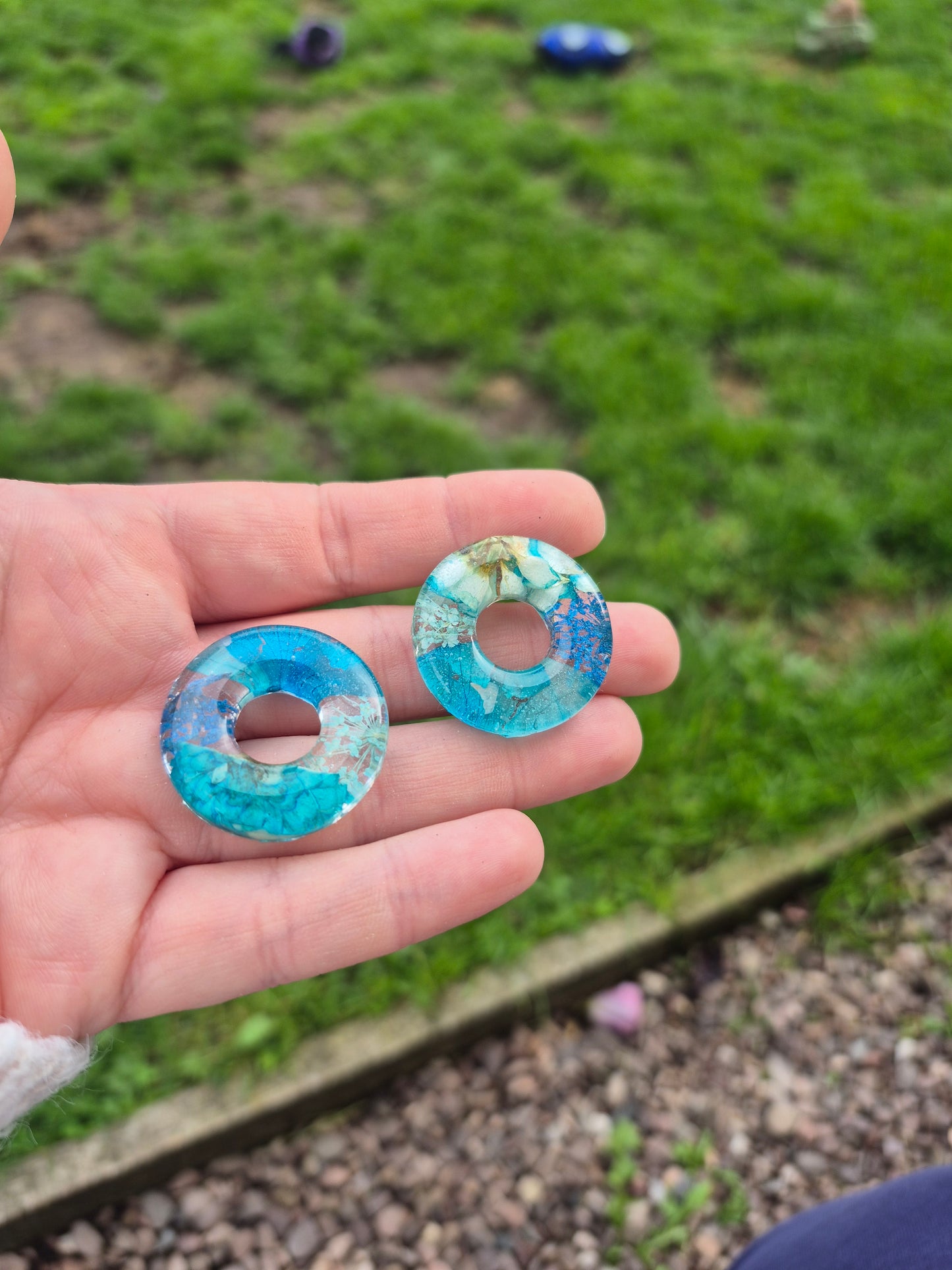 Real blue floral hoop charms