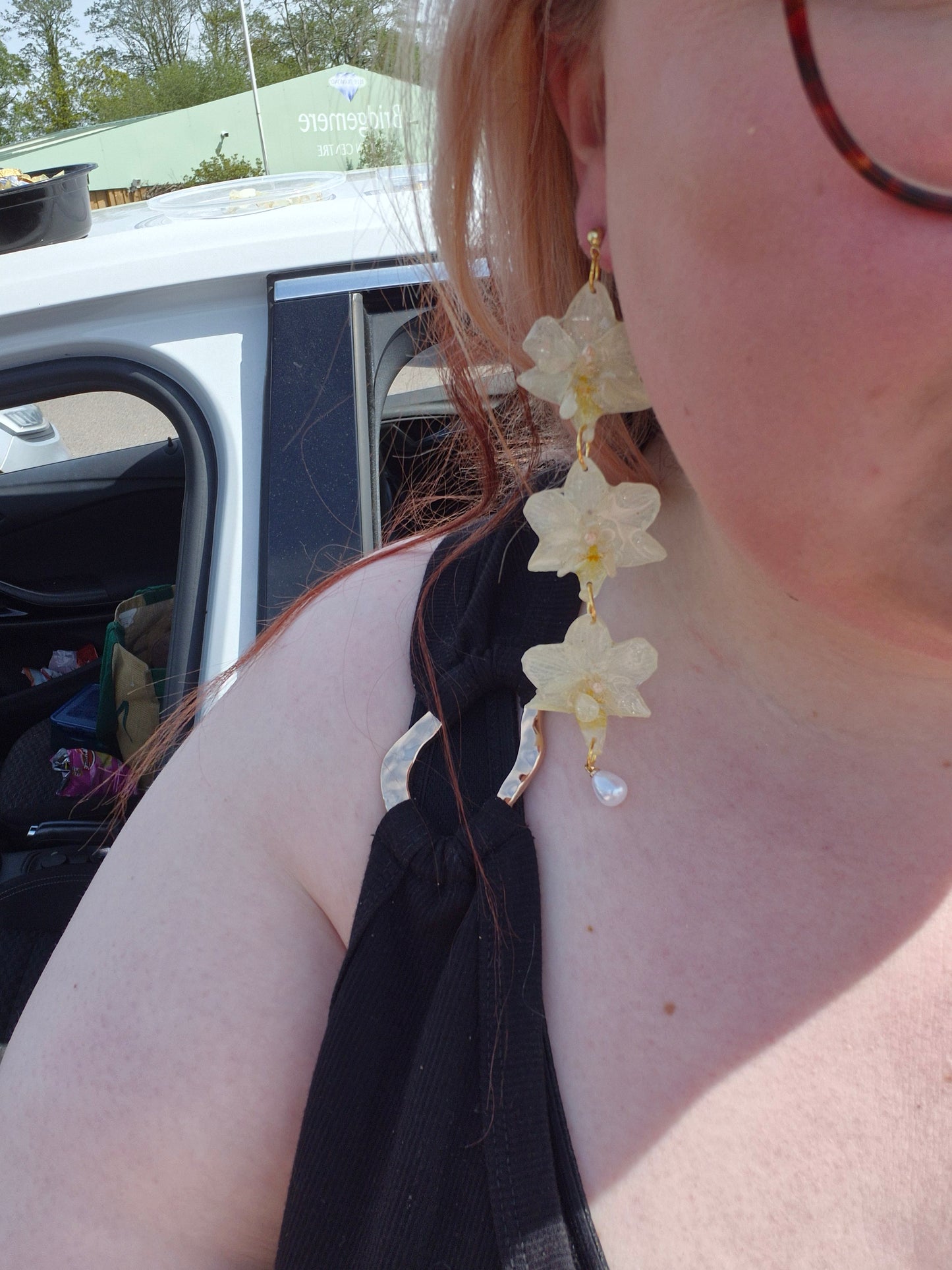 Triple dangle orchid earrings