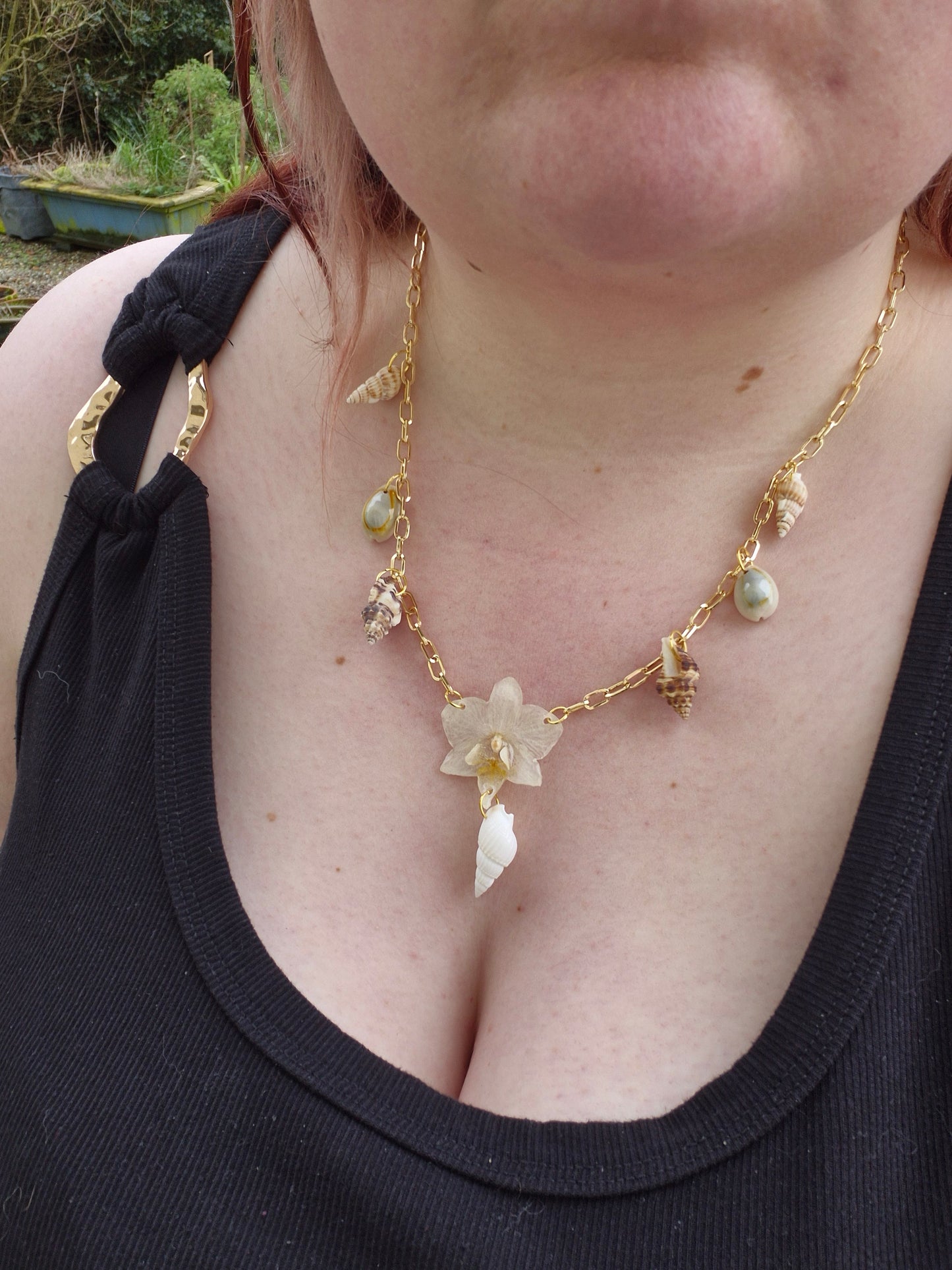 Small phalaenopsis orchid sea shell necklace