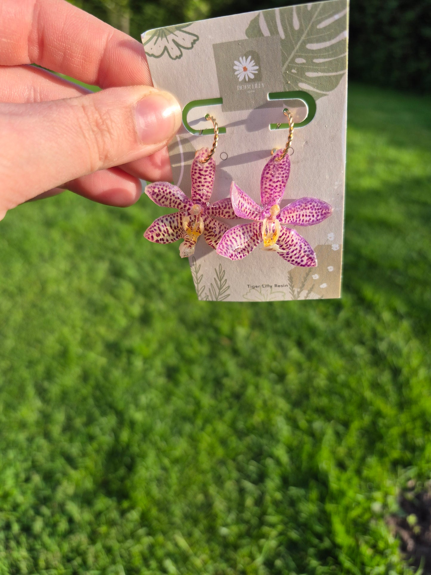Real oncidium orchid dangle earrings