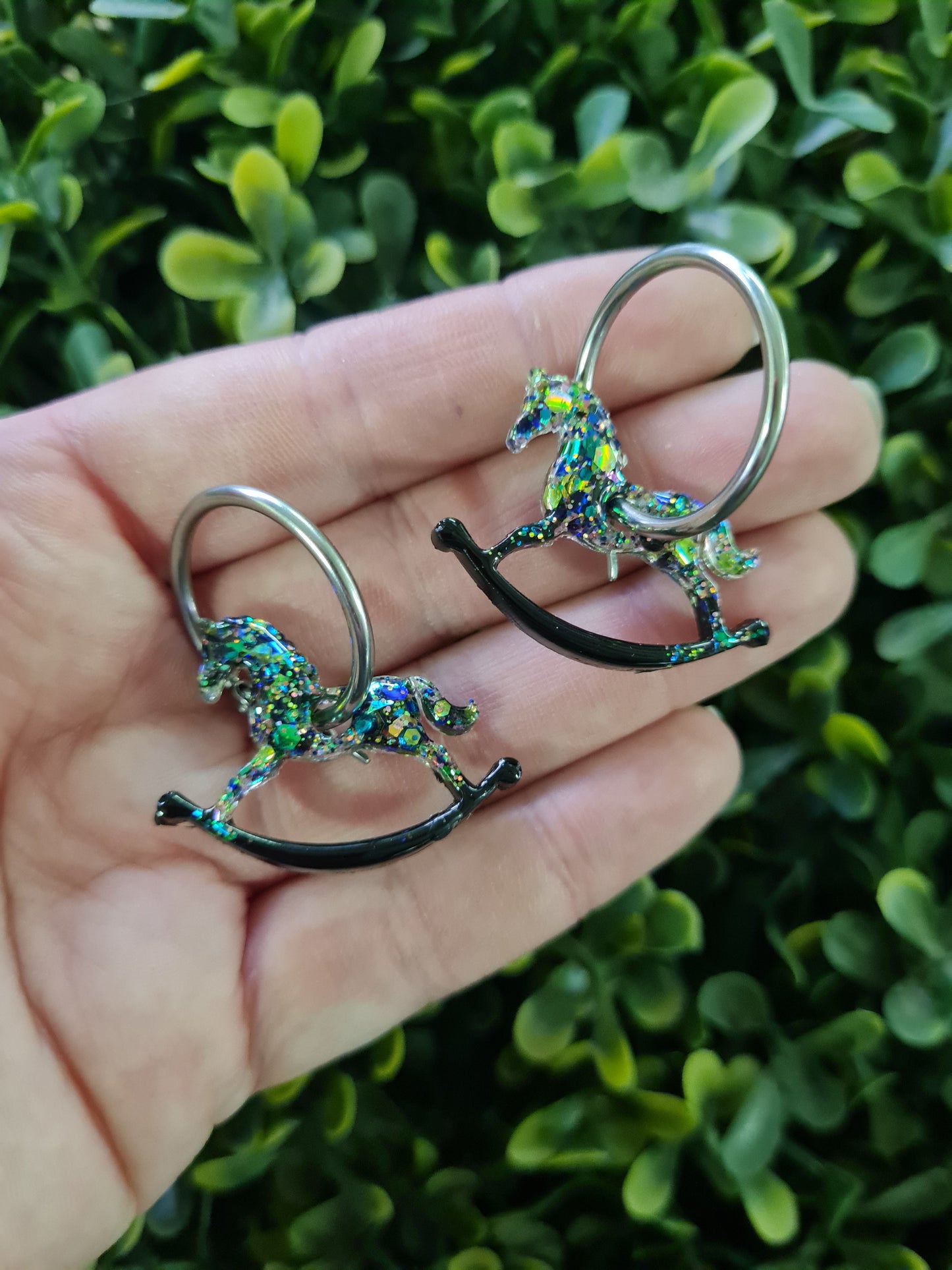 Glitter rocking horse hoop earrings