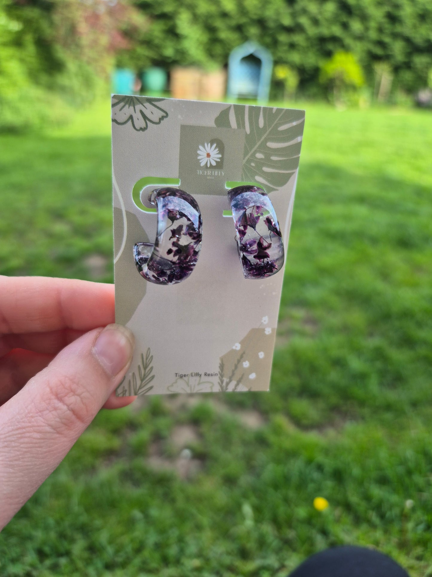 Plum cherry blossom hoop earrings