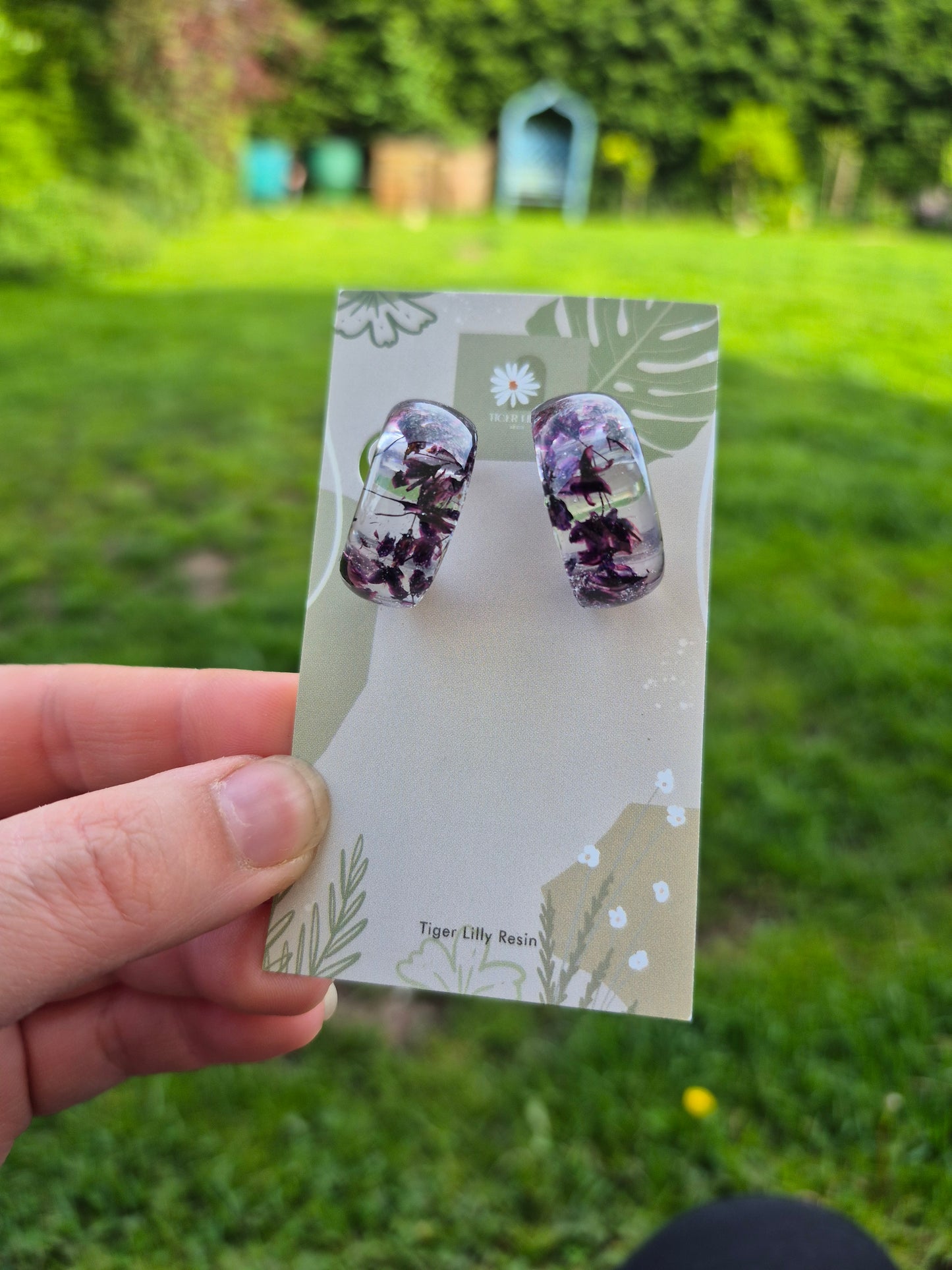 Plum cherry blossom hoop earrings