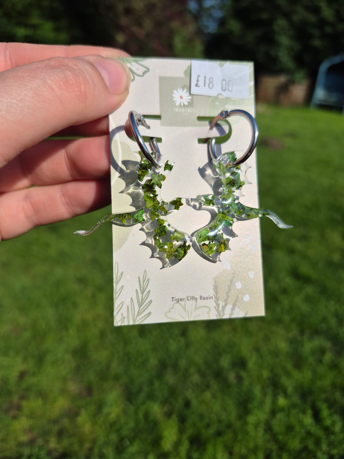 Green leaf dragon hoop earrings