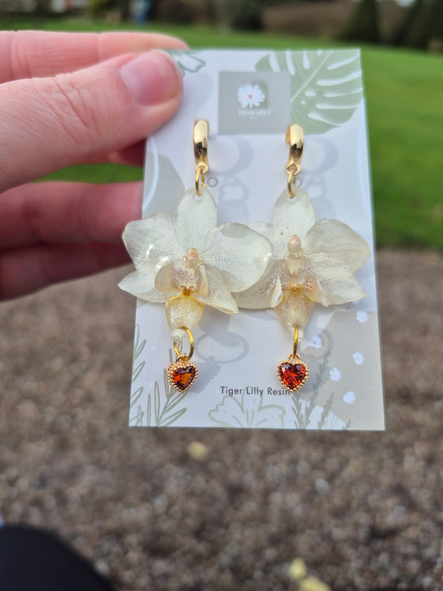 White phalaenopsis orchid heart dangles