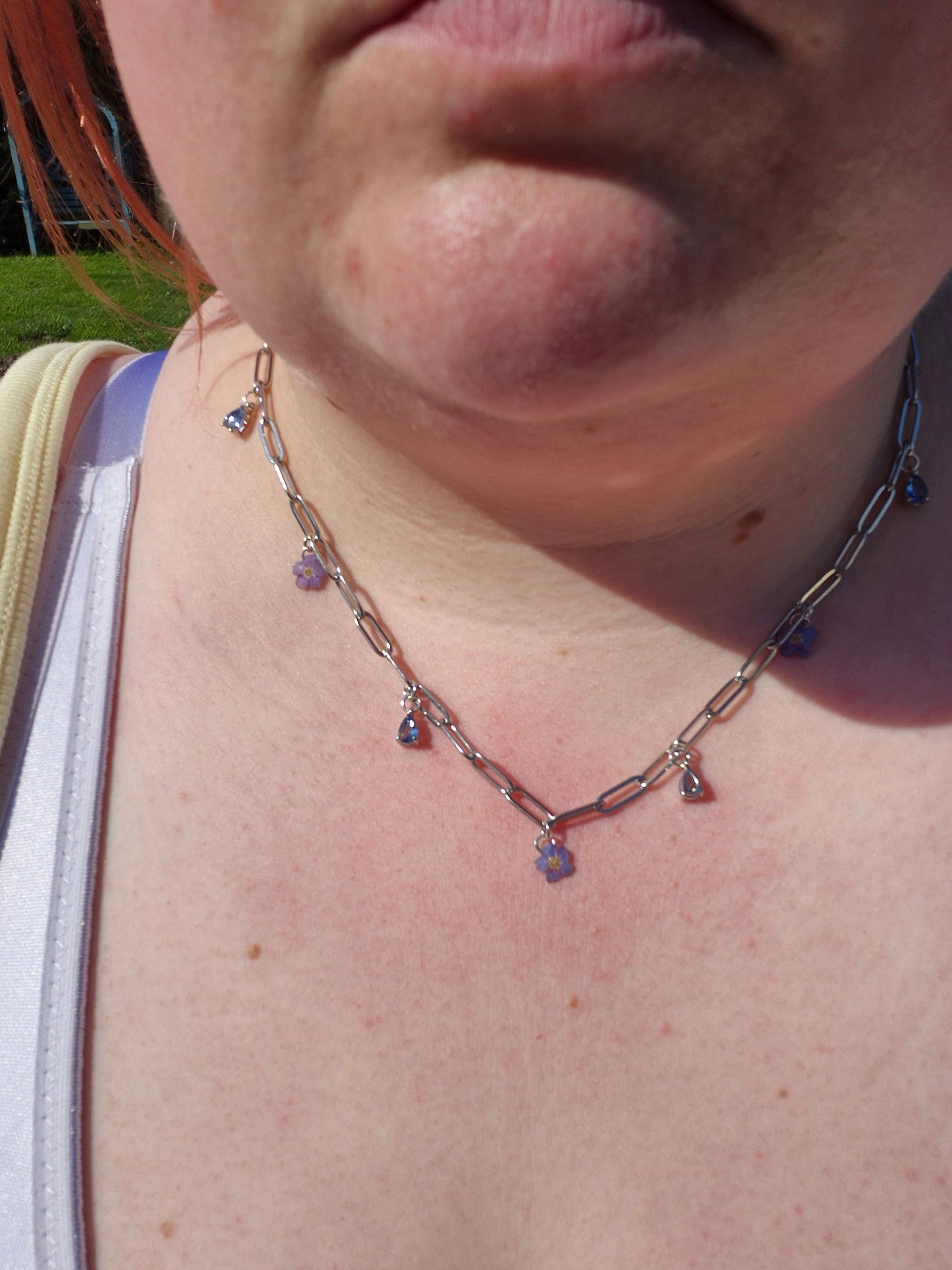 Real forget me not and blue charm necklace
