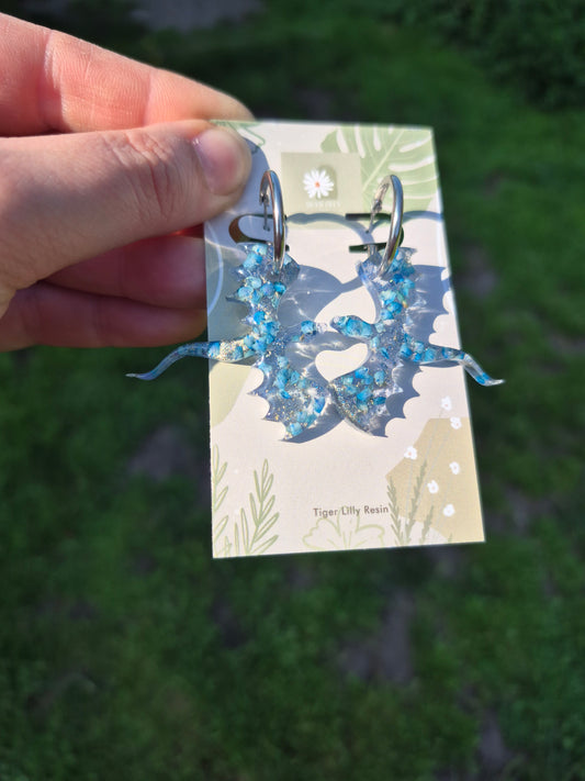 Blue petal metallic dragon hoop earrings