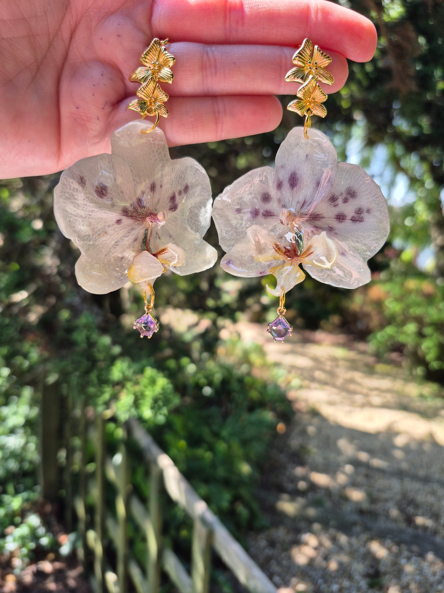 Spotted orchid dangle earrings