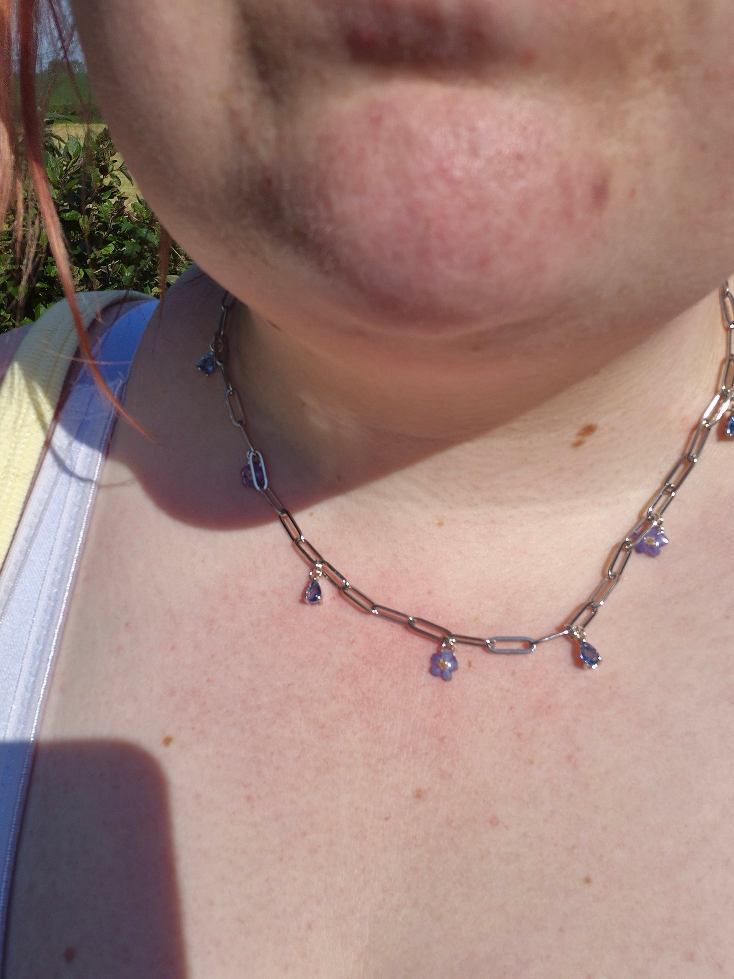 Real forget me not and blue charm necklace