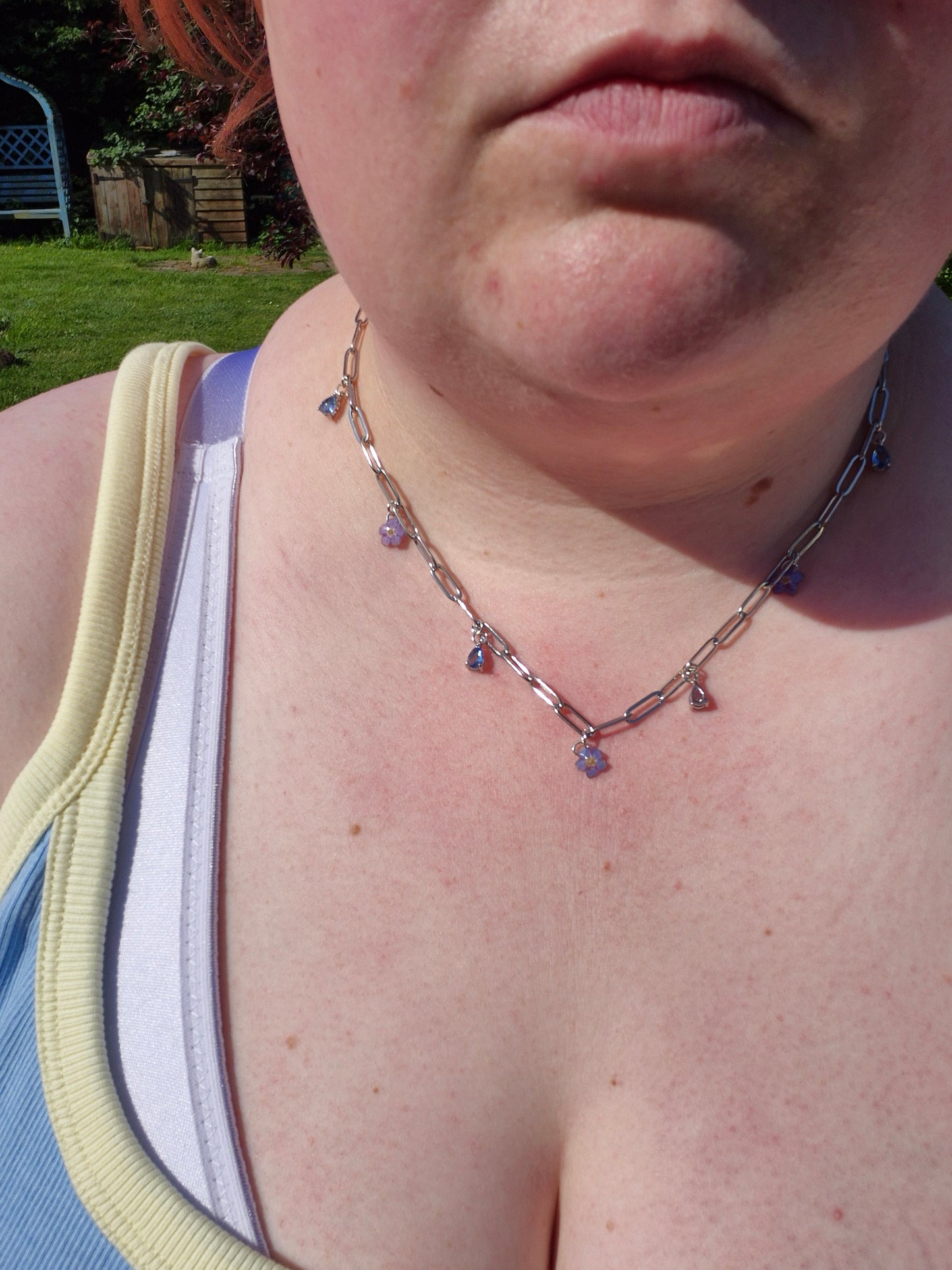 Real forget me not and blue charm necklace