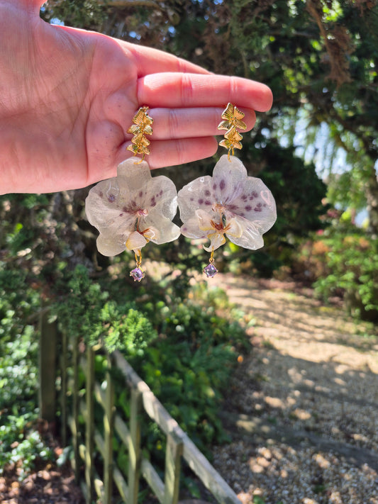 Spotted orchid dangle earrings