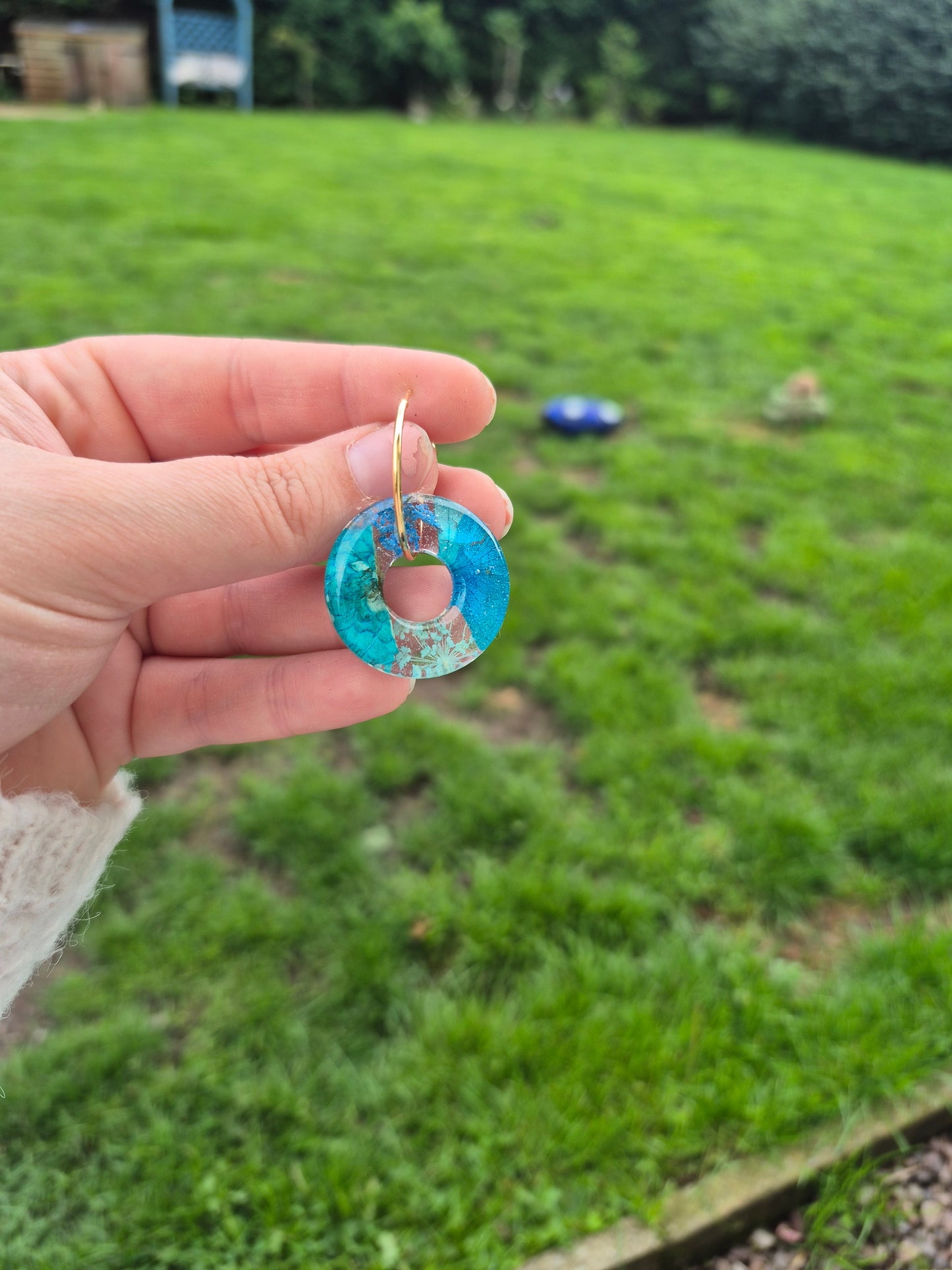 Real blue floral hoop charms