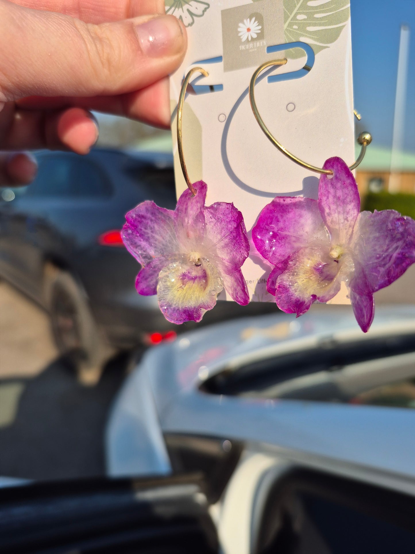 Real dendrobium pink gold hoop earrings