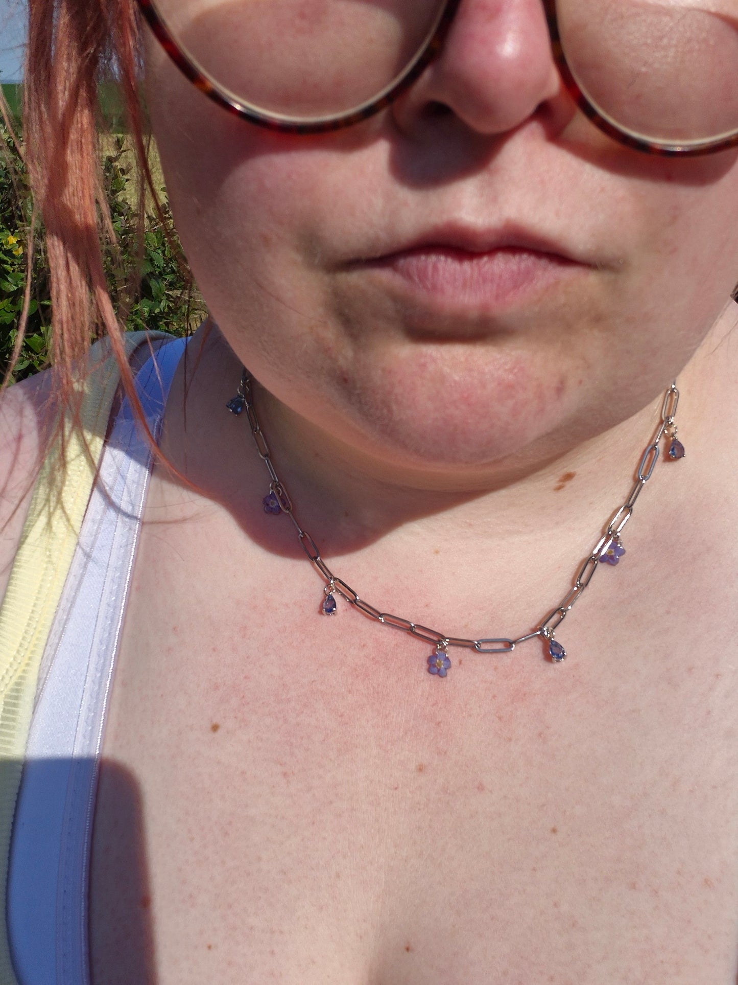 Real forget me not and blue charm necklace