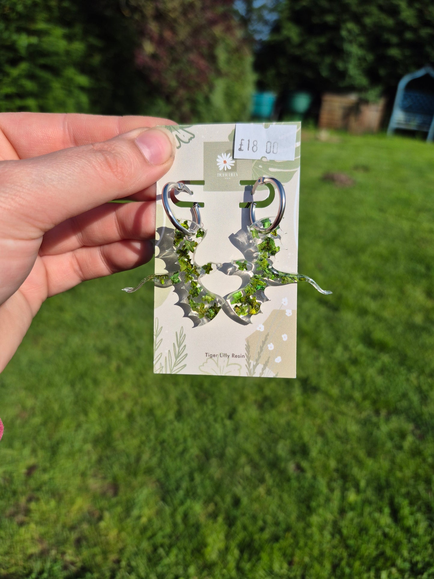 Green leaf dragon hoop earrings