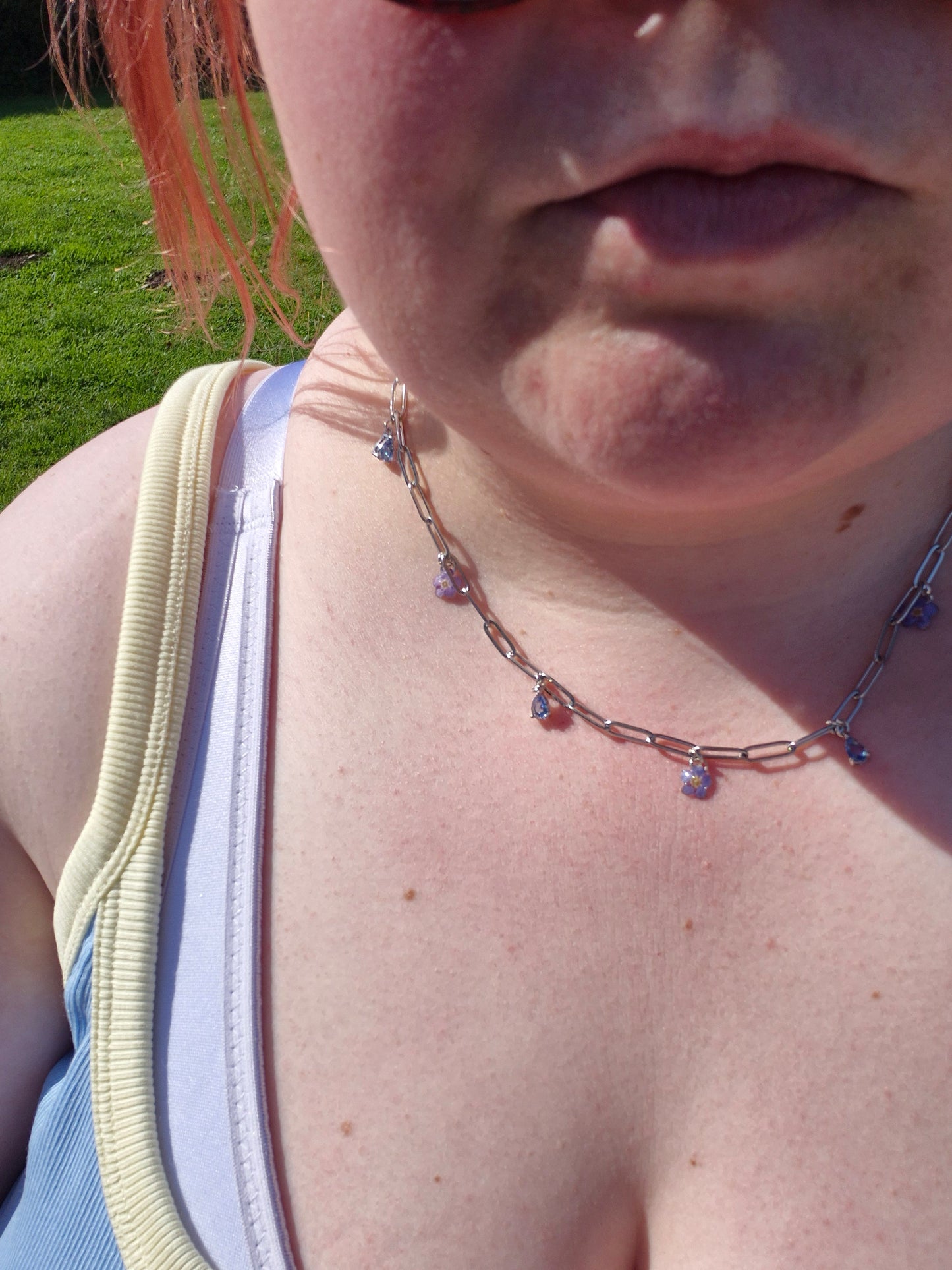 Real forget me not and blue charm necklace