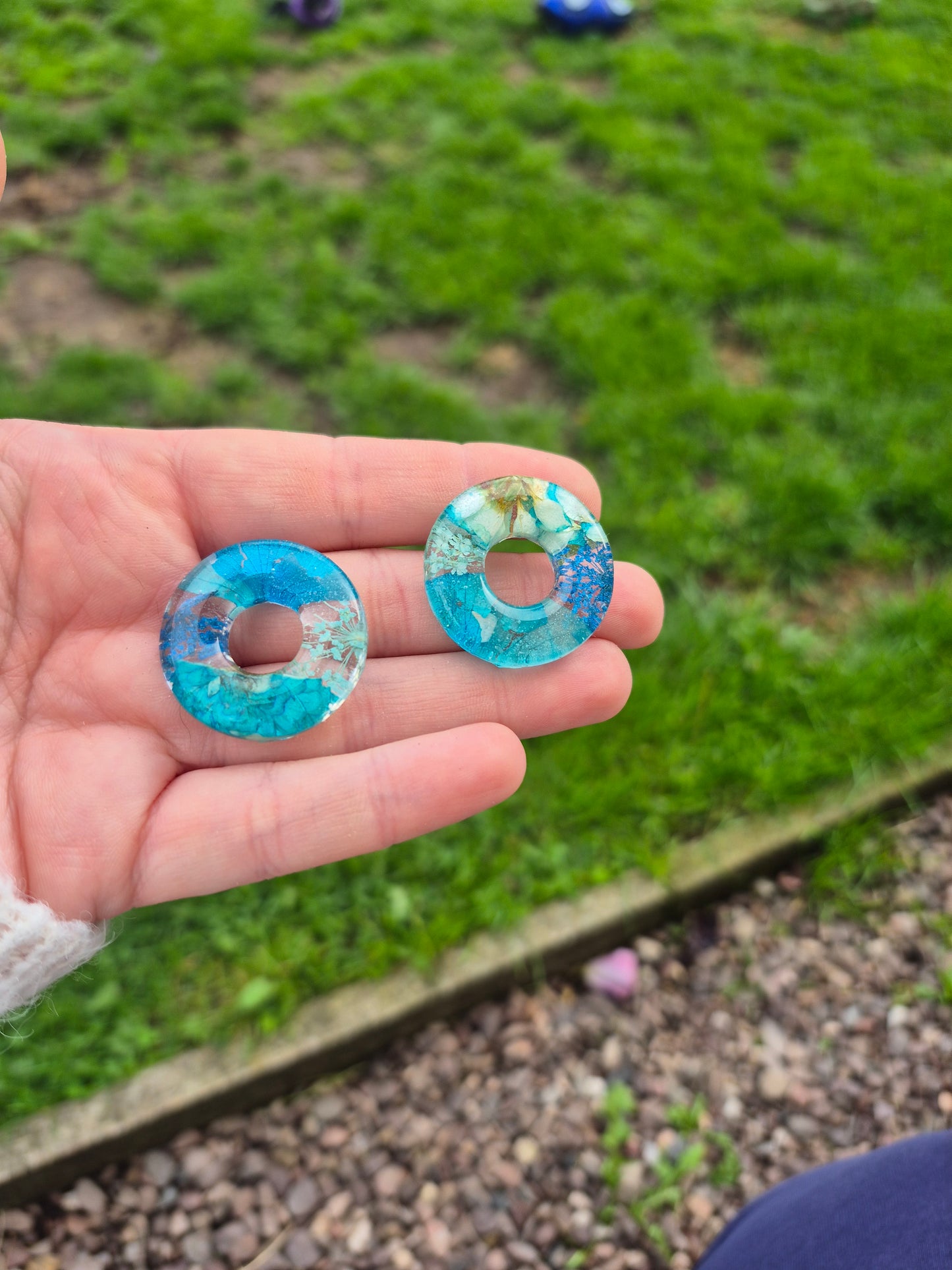 Real blue floral hoop charms