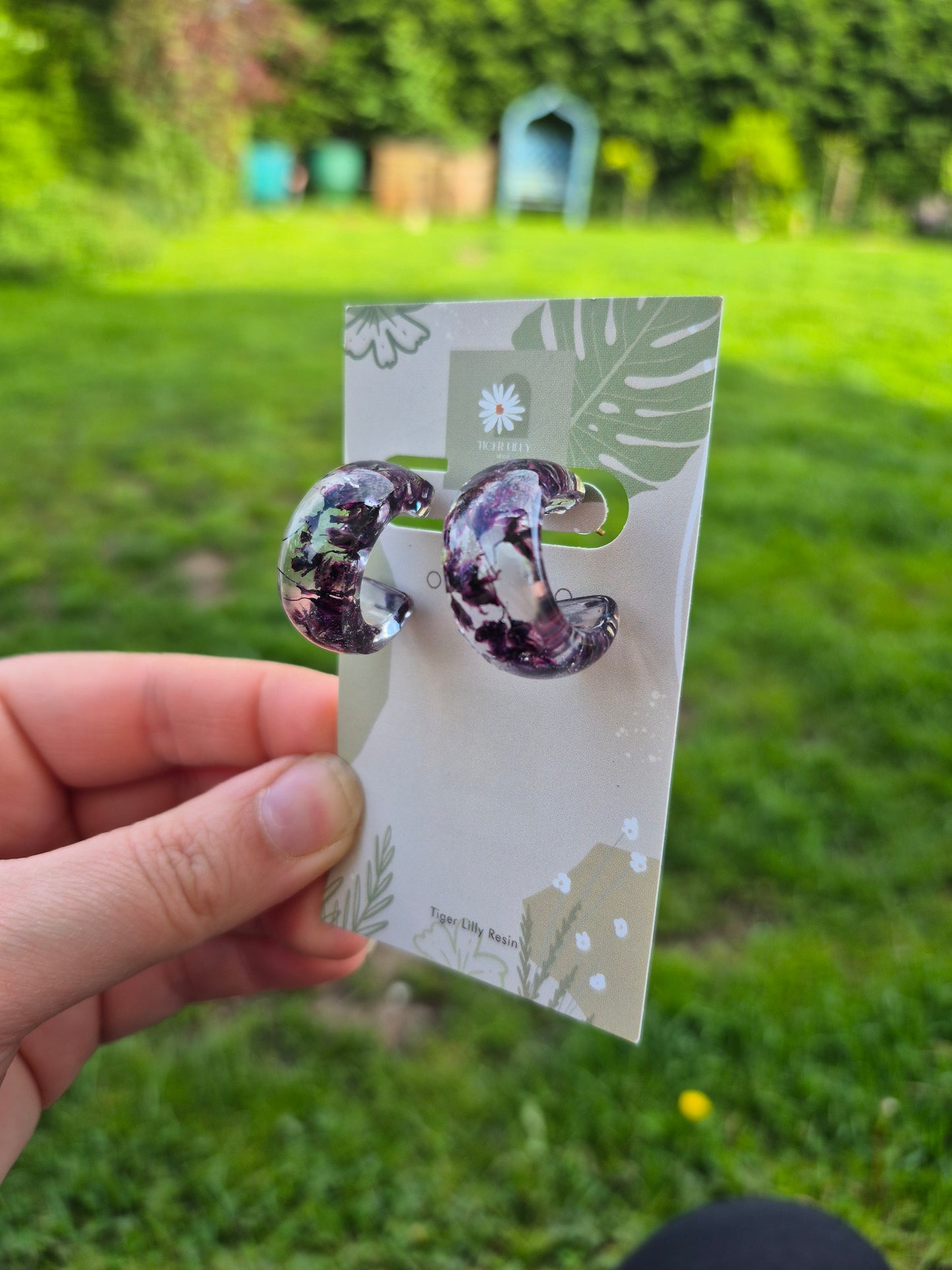 Plum cherry blossom hoop earrings