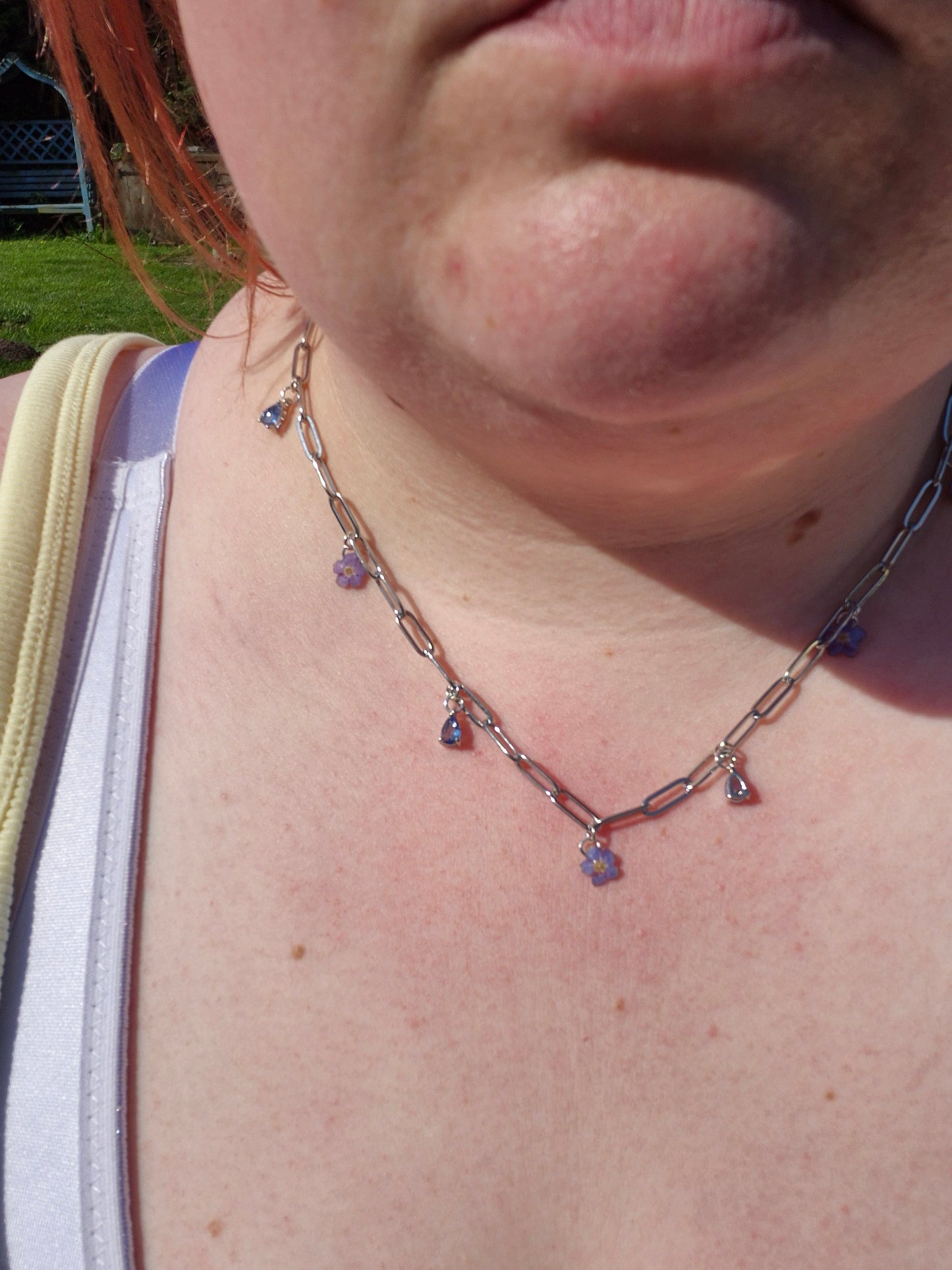 Real forget me not and blue charm necklace